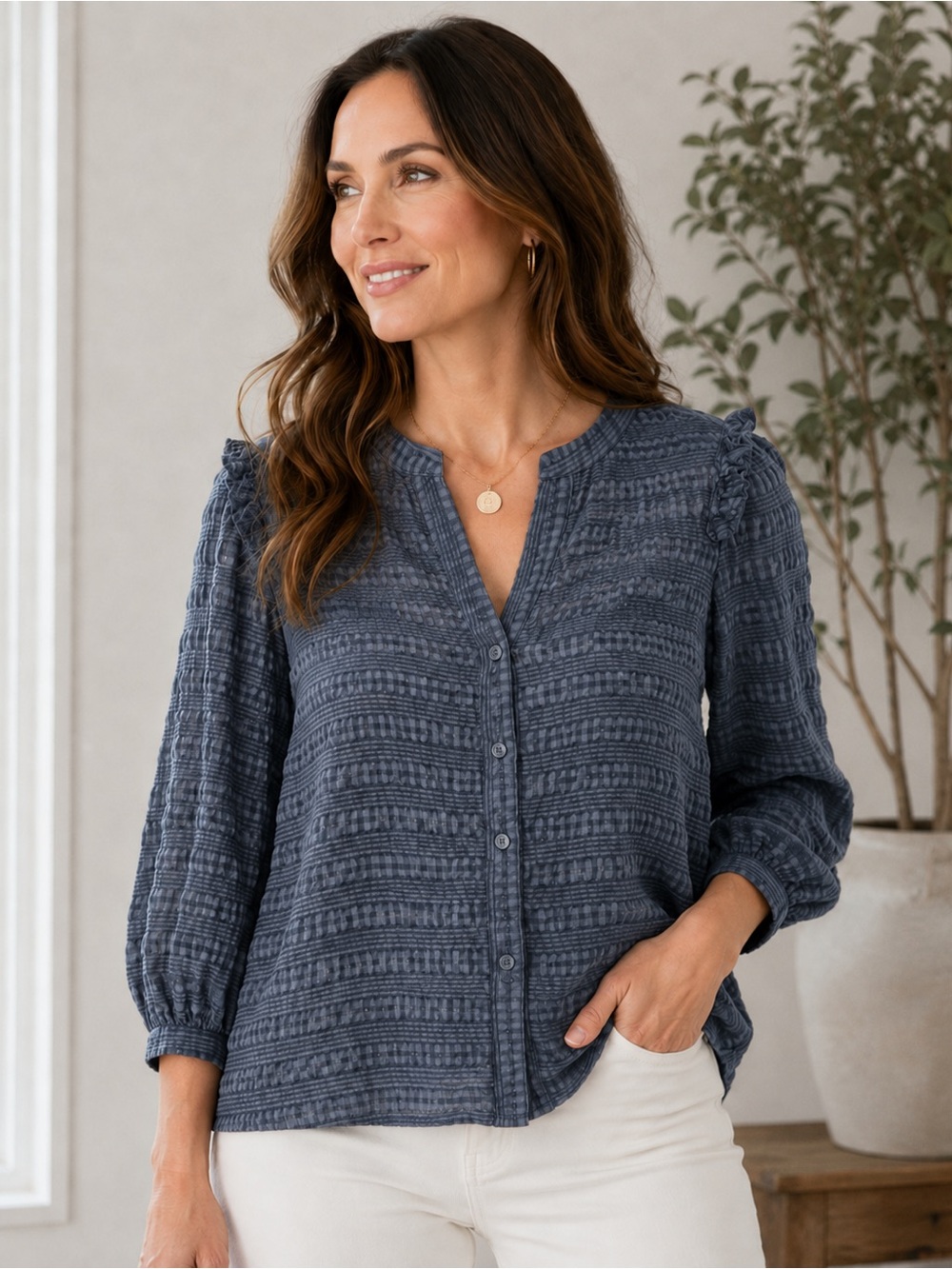 Current Air Navy Textured Gingham Blouse S Puff Sleeve Ruffle Button Front